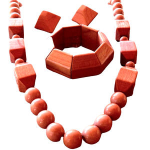 Vintage Natural Wood Necklace Bracelet Earrings Jewelry Set